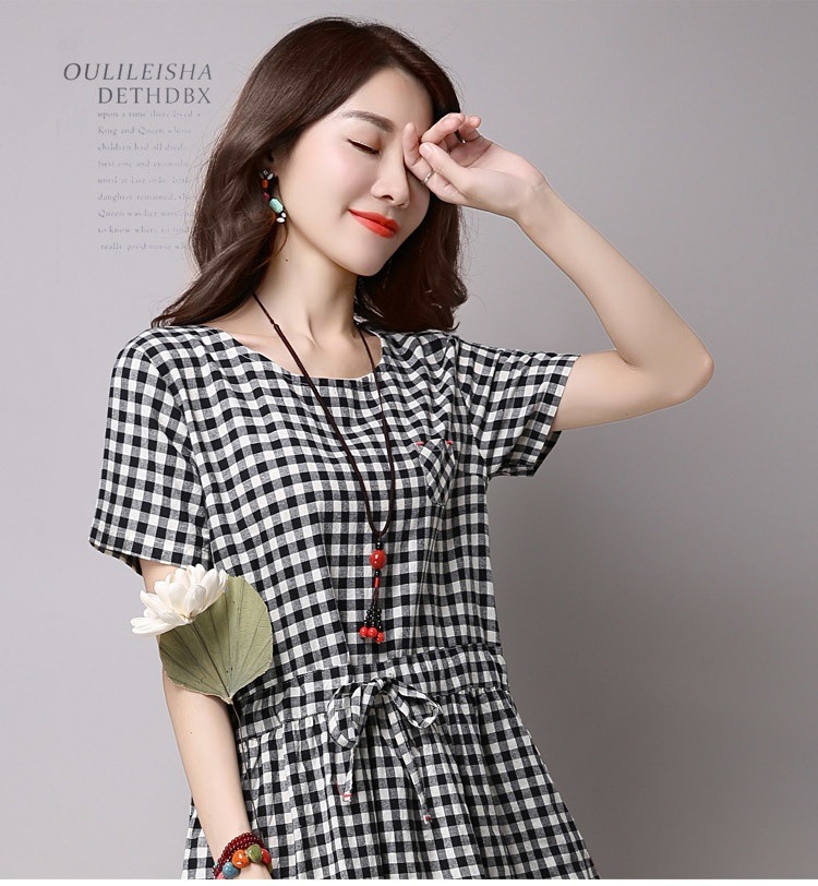 1074.大人可愛いギンガムチェックリネンワンピース（ブラック）