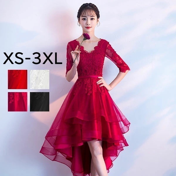 【激安開催】パーティードレス ワインレッド 演奏会 中高生 高校生 フィッシュテール Vネック 袖あり ピアノ発表会 ファスナー 赤 ドレス 大きいサイズ 秋 冬 披露宴 レッド ブラック ホワイト