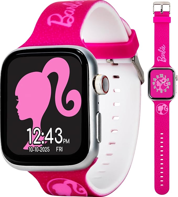 Barbie Touchscreen Smartwatch for Girls with Pink Glitter Silicone Strap and Customizable Watch Face