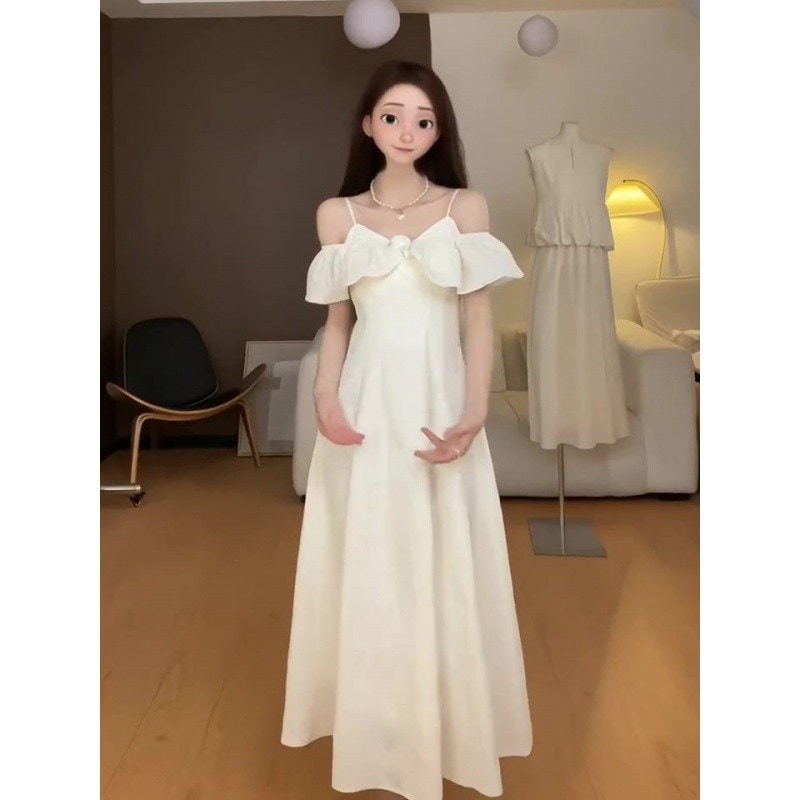 【1つ買うと10つ無料】夏の短袖のサスペンダーオフショルダースカートリーンドレスウエストセンシングプリンセススカート