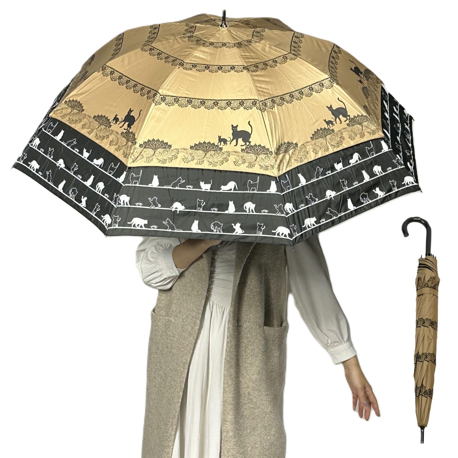 [SUGITA]トランスフォーム傘 日傘 雨傘 レディース UVカット99.9％ 遮光99.99% 紫外線遮断 日焼け防止 携帯便利 レース 猫柄 27019