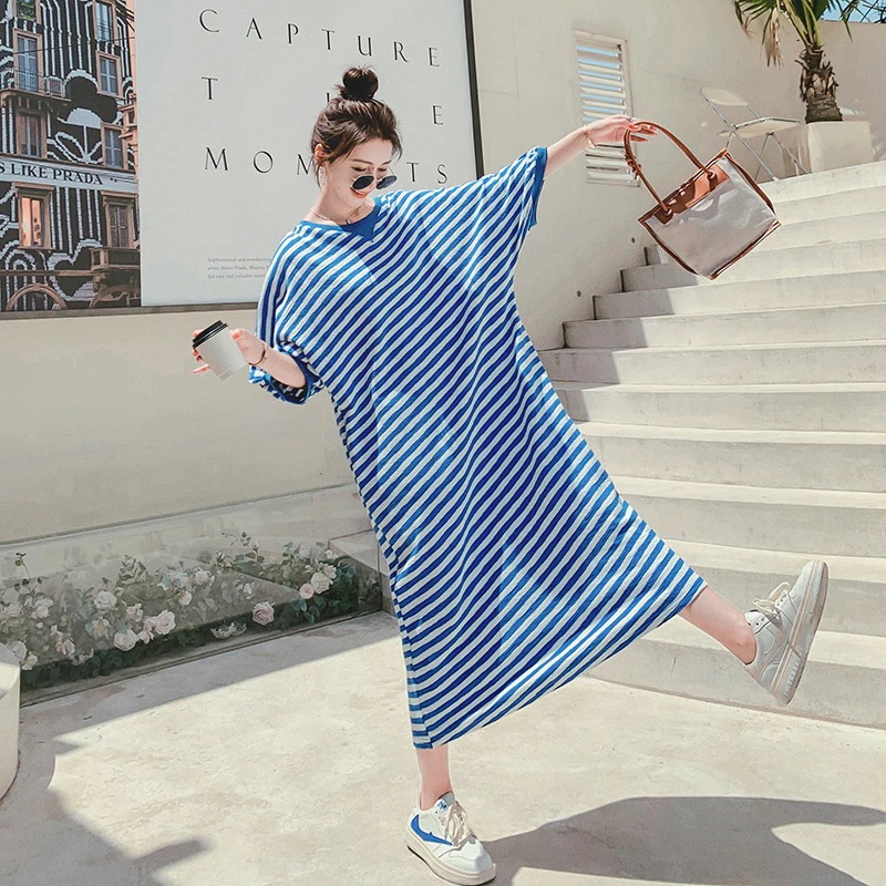 四季グリーン気質薄いストライプのドレス女性夏マタニティカバー肉ルーズカジュアルシックなきれいなTシャツのロングドレス