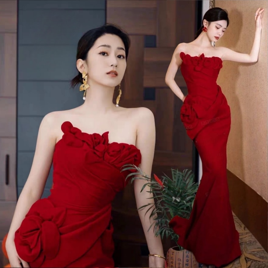 ウエディングドレス ワインレッドローズのフィッシュテールドレス 二次会 花嫁 海外挙式 お呼ばれドレス フォト 披露宴胸にマーメイドテールのウェディングドレス 11,546円