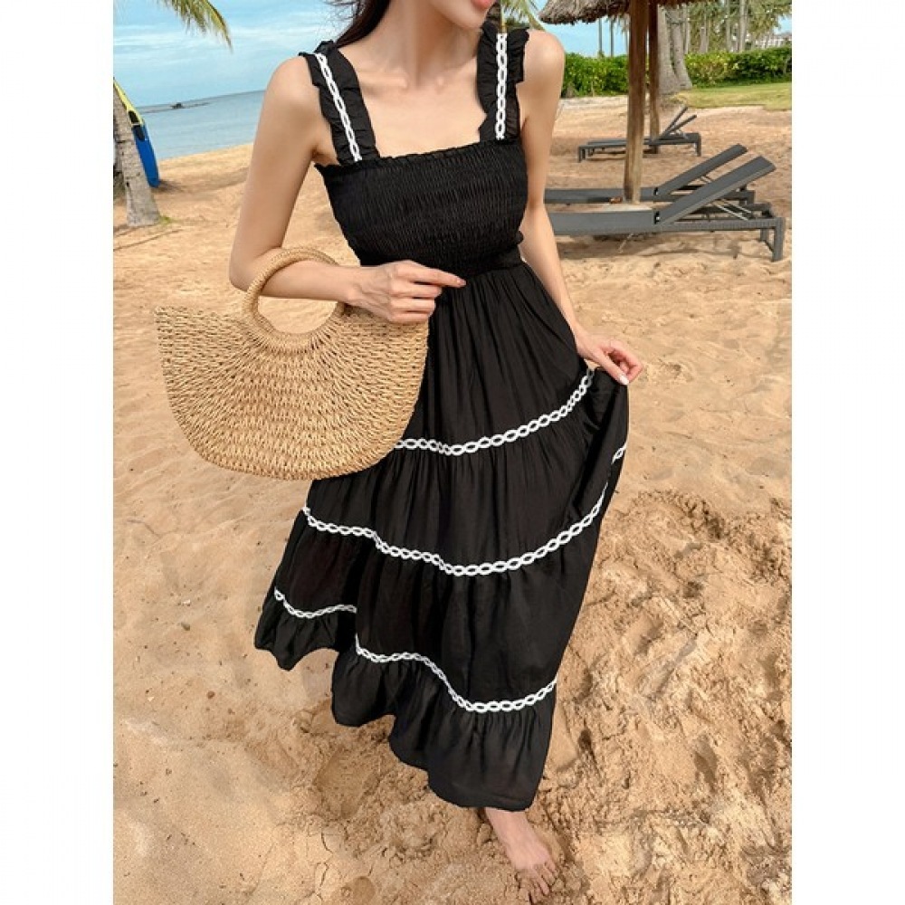 [Vivarup] &リゾートビーチドレス OP20207F サマーナシレース刺繍ロングブラックバンディングオーシャンドレスビーチウェアドレスバケーションルック