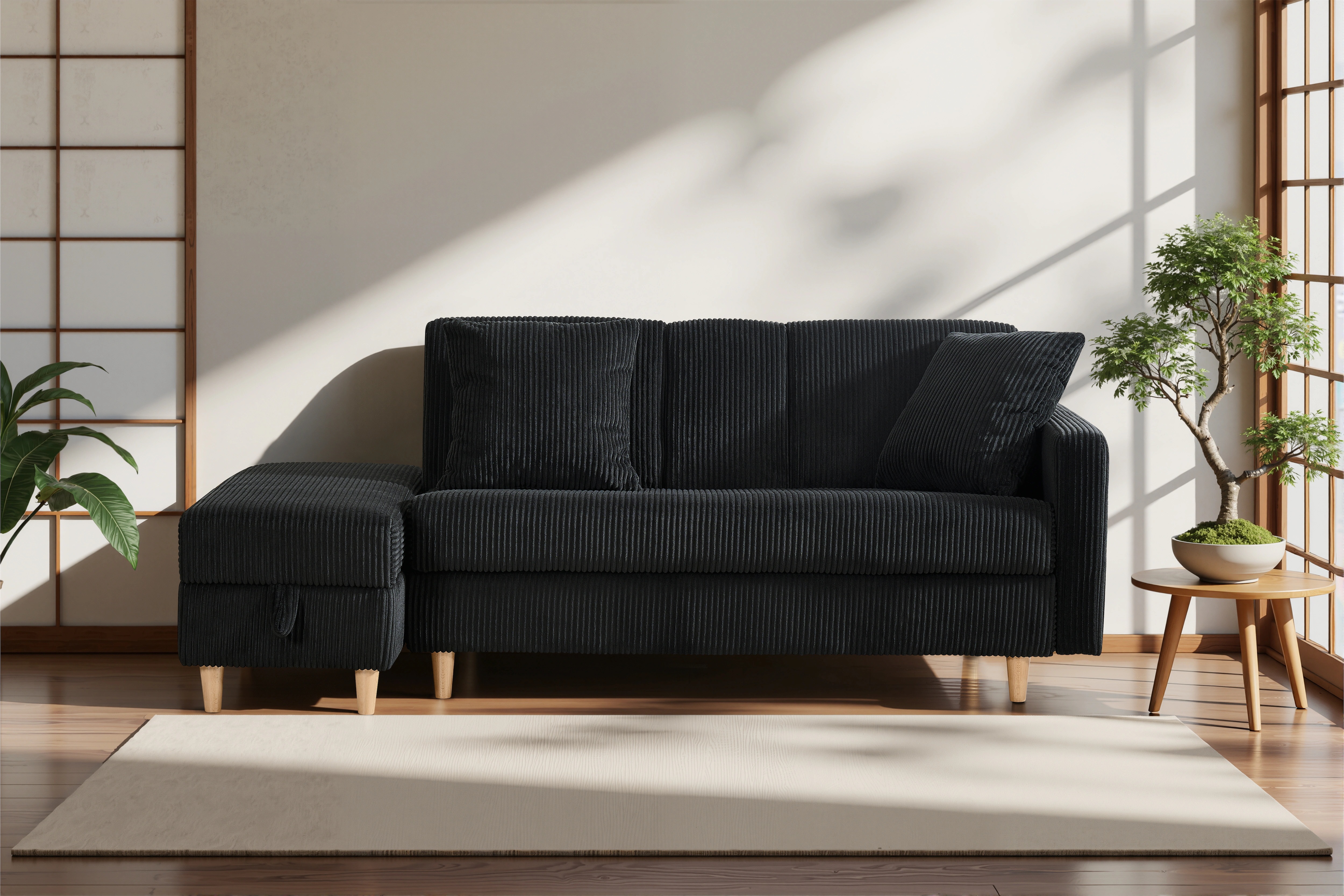 【国内発送 無-送料】1439ソファ　ソファーベッド　カウチソファ　3人掛け　オットマン付き　多機能ソファ　左右側とも取り付けるアームレスト　たくさん収納　レイアウト自由　クッション2個