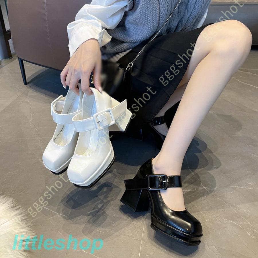 【急速出荷!】ヒールパンプス 厚底パンプス 太ヒール チャンキーヒール 甲ストラップ レディース 9cmヒール 小さいサイズ 可愛い 系 ガーリー 森ガール 姫系 ロリータ靴 コスプレ oran