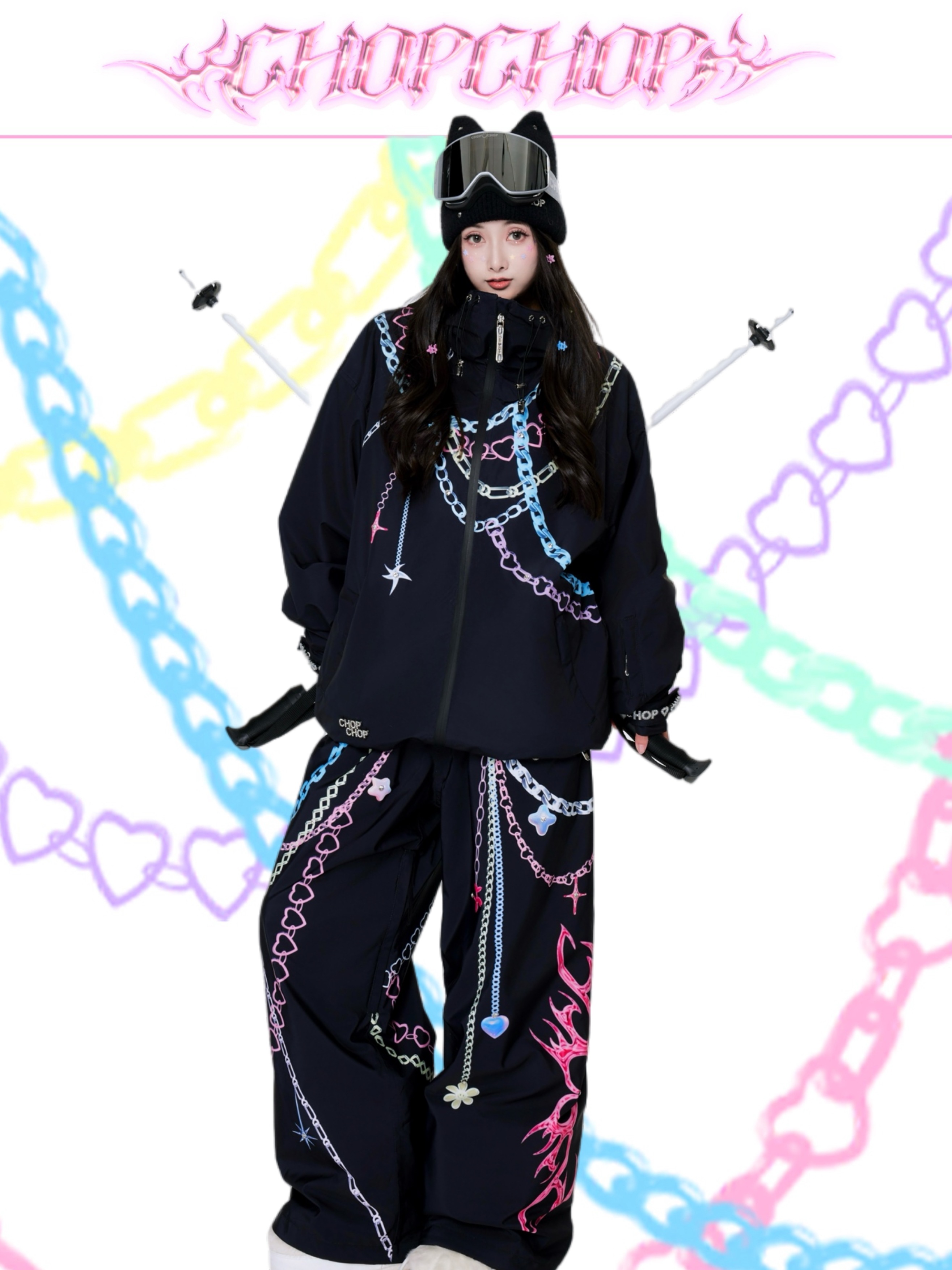 スノーボードウェア 2025 2026 ピンク 黒 チェーン柄 釘彫り ドリルデザイン 3L スノパンツ スノウェア レディース スキーウェア スノボウェア パーカー スキー