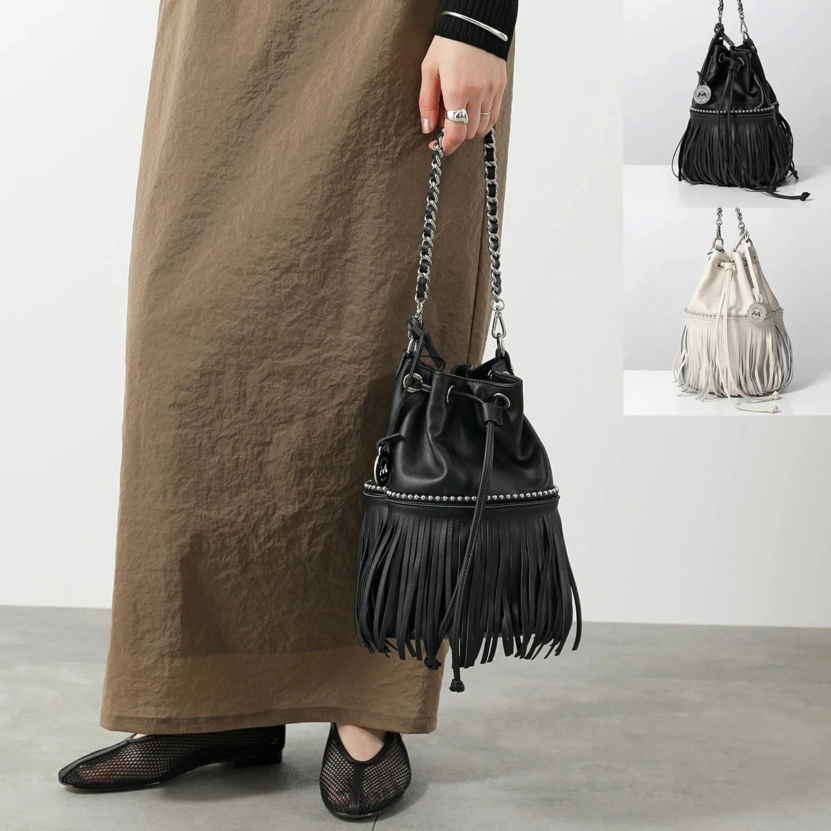 MARCO MASI マルコマージ ハンドバッグ 3595 V-B-F.C レディース フリンジ レザー スタッズ チェーン 巾着 鞄 カラー2色