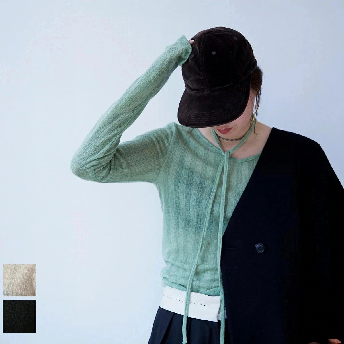 oll オール シアーニット sheer wool long sleeve with tie 450-05009 レディース 長袖 Vネック タイ セット カラ】 【mega】