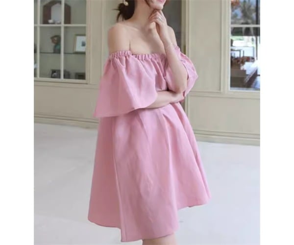 レディース ワンピース プルオーバー ドレス ミニ ショート 半袖 ベルスリーブ オフショルダー Aライン フリル ハイウエスト リネン コットン かわいい シンプル カジュアル おしゃれ こなれ感