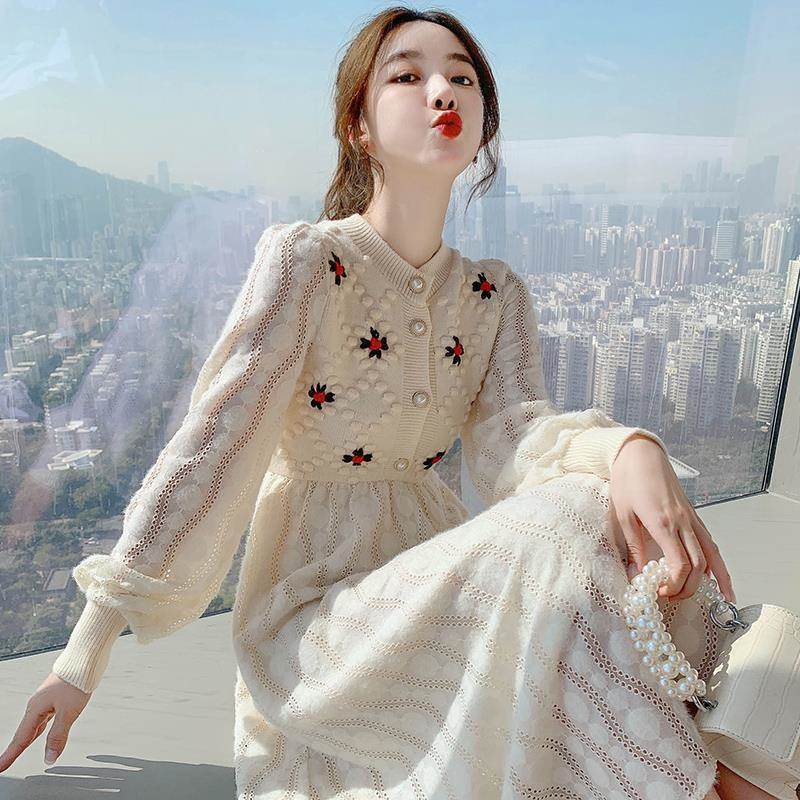 ニットワンピース ドレス ロングワンピース レースワンピース 花柄 クルーネック ハイウエスト Aライン かわいい 大人可愛い きれいめ 上品 おしゃれ お洒落 こなれ感 ラブリー キュート ガーリー