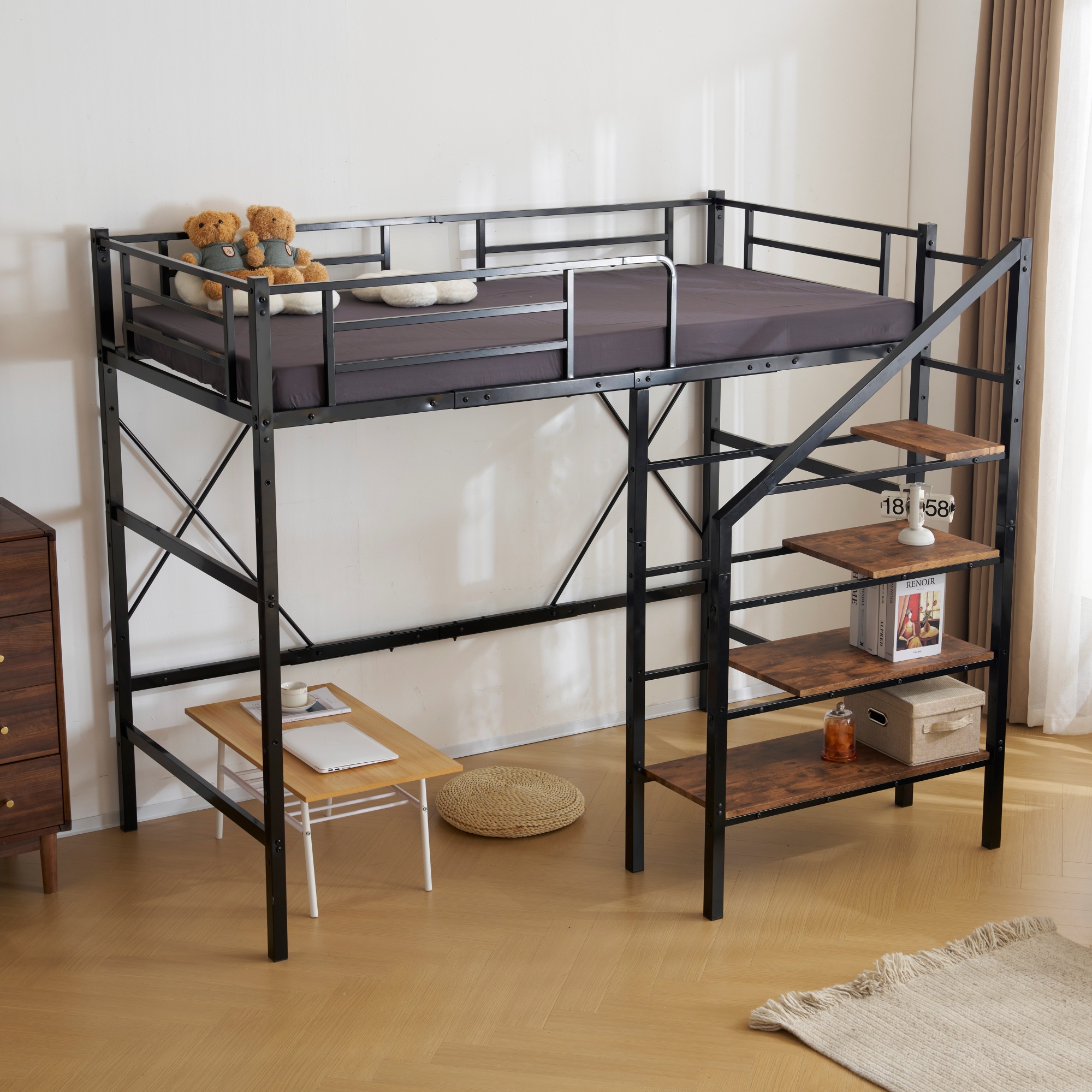 40S ロフトベッド 階段付き S パイプベッド シングル 収納 スチール 耐震 ベッド シングル パイプベッド パイプベッドフレームのみ【Sシングル】