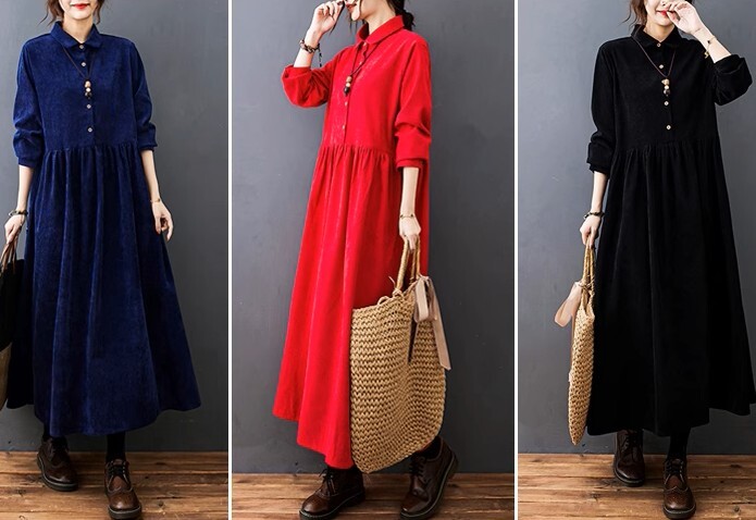 レディース ワンピース ドレス シャツワンピ フレア ロング 長袖 襟付き ポロカラー ワイド フレア Aライン 前開き ボタン コーデュロイ かわいい 大人可愛い シンプル カジュアル 上品