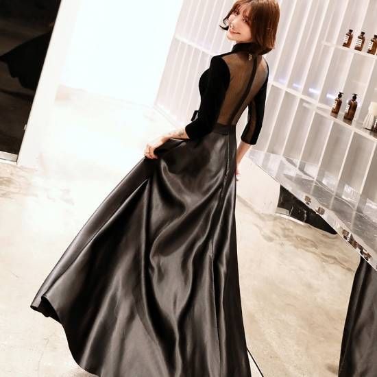 今も人気！30代 ハイネック エレガント パーティードレス 二次会 パーティー レディース フレア 透け感 演奏会 七分袖 大きいサイズ ロングドレス ドレス ウエストリボン 20代 結婚式 お呼ばれ