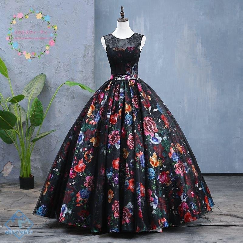 カラードレス ブラック ノースリーブ 花柄 舞台衣装 披露宴 フォマールドレス 黒 演奏会 発表会
