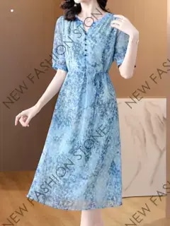 花柄シフォンワンピースレディース春秋2024年新作ママの半袖気品ミディアムスカート-52