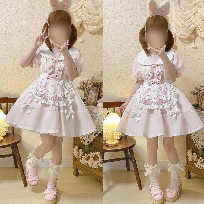 ガールズロリータネイビーカラー半袖oミディドレス