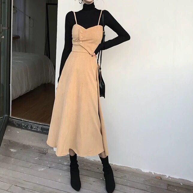 レディース ワンピース セットアップ set 2点セット トップス 長袖 ハイネック フィット