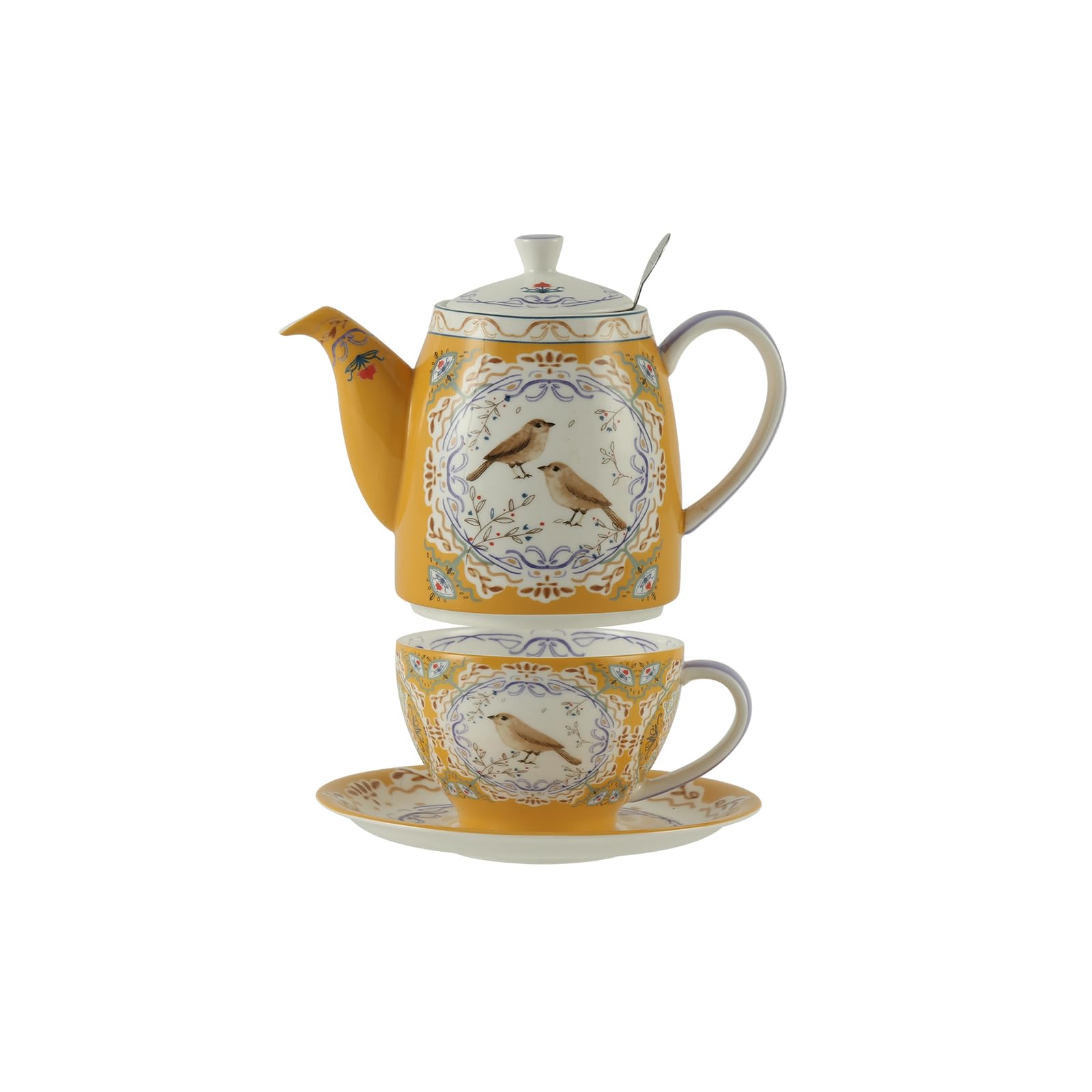 London Pottery ボーンチャイナ ティーポットセット ティーポットとサーバーセット アニマルパターン ティーポット カップ&ソーサーセット (鳥)