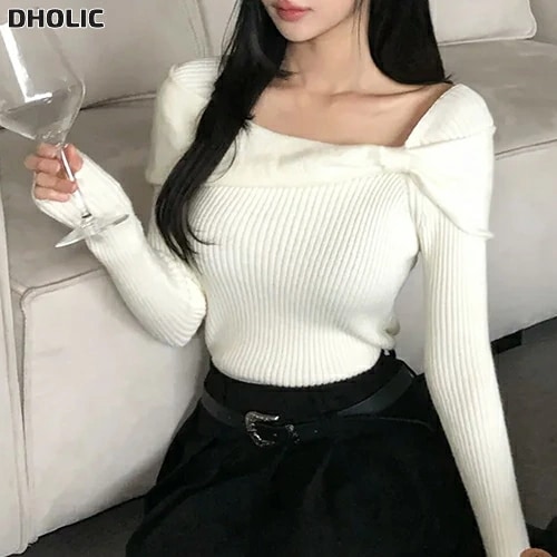 アンバランススクエアネックオフショルダー長袖リボン柄ニット・1951687