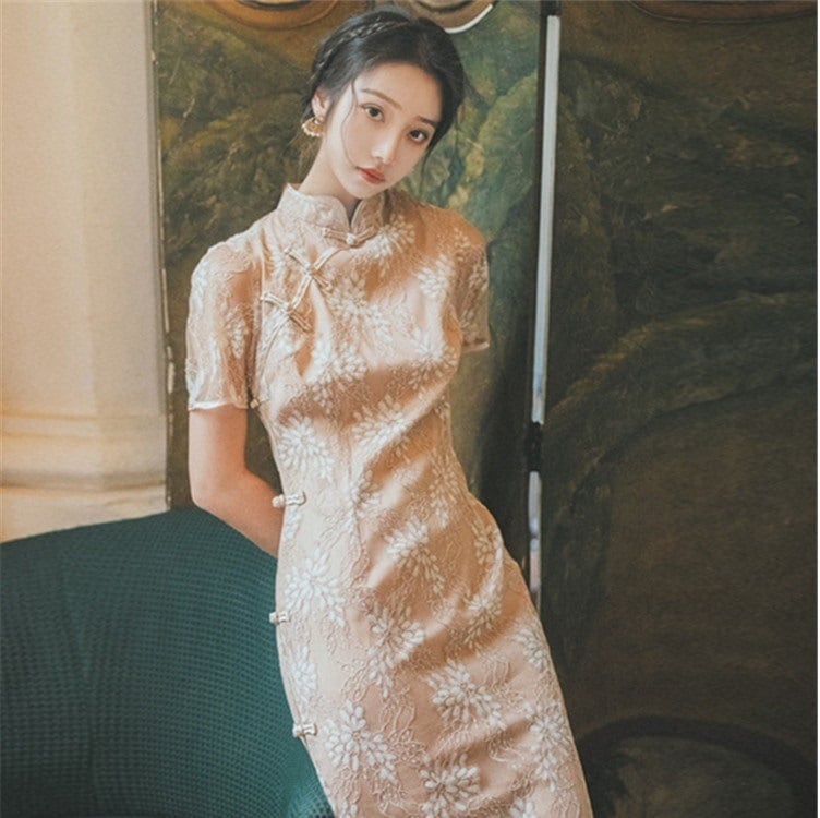 ドレス ワンピース チャイナドレス ロング ロング丈 袖あり 半袖 襟付き スタンドカラー