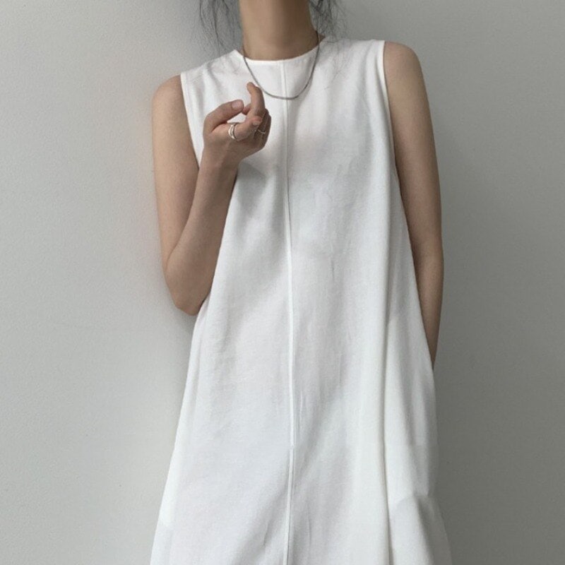 ワンピース Aライン セミフレア ノースリーブ クルーネック Iライン ストレート 薄手 大人可愛い きれいめ シンプル上品 ラフ 春 夏 デート リゾート 海 モテ XL ホワイト ブラック