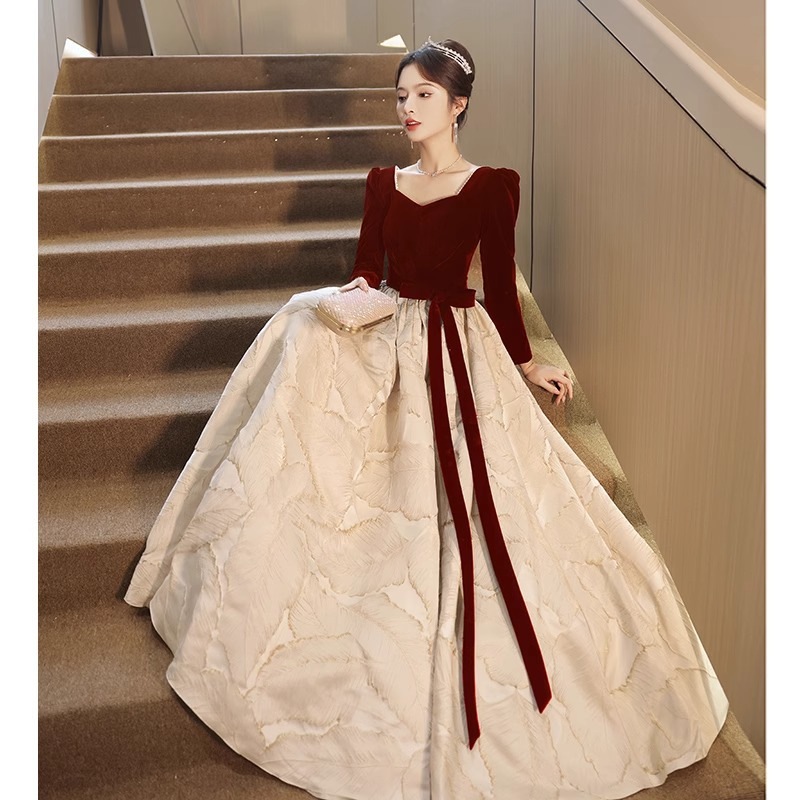 ワンピースドレスドレスハイエンド服の花嫁の春と夏の長袖の結婚式リターン服ワインレッドエンゲージメントパーティードレス