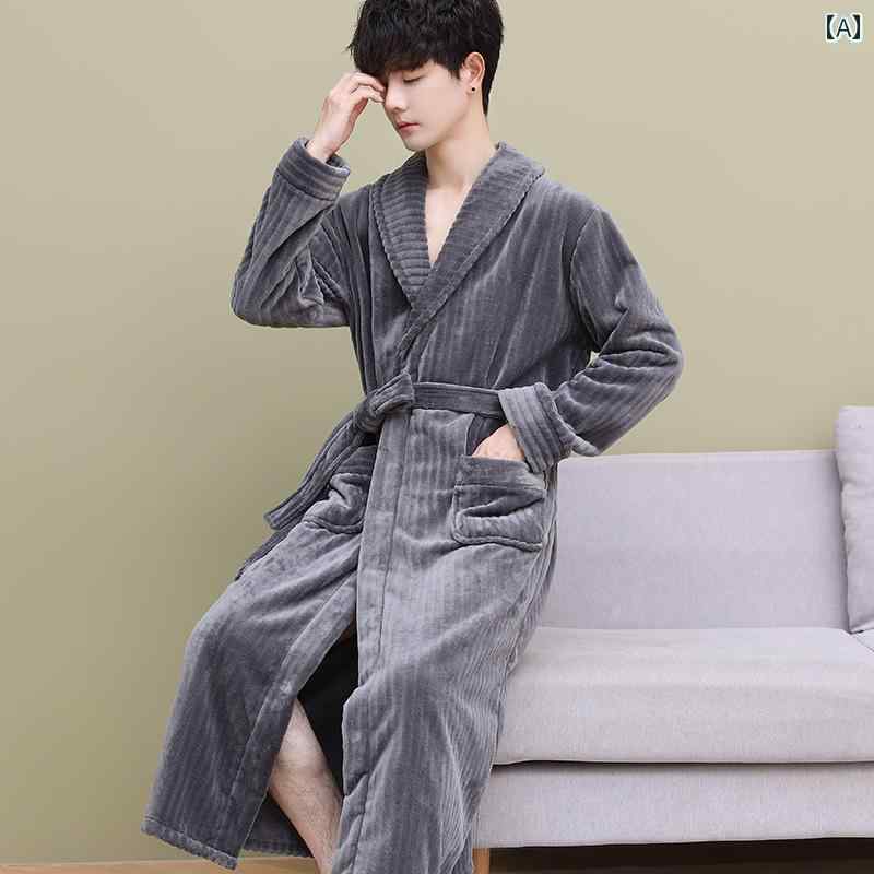 ガウン メンズ 冬 厚手 暖かい コーラル 起毛 バスローブ パジャマ フランネル大きめサイズ ルームウェア おしゃれ ストライプ 白 グレー 茶