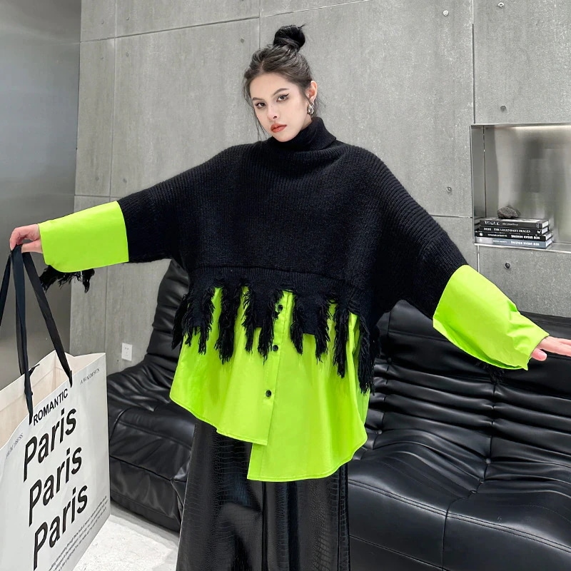 【J.Fashion】 欧美風 タートルネック ニット セーター ドッキング ハイネック レディース ニット メガ割30%までに制限