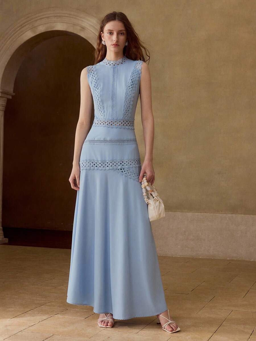 女性用 ブルー エレガントレースインサート ノースリーブ ロングドレス