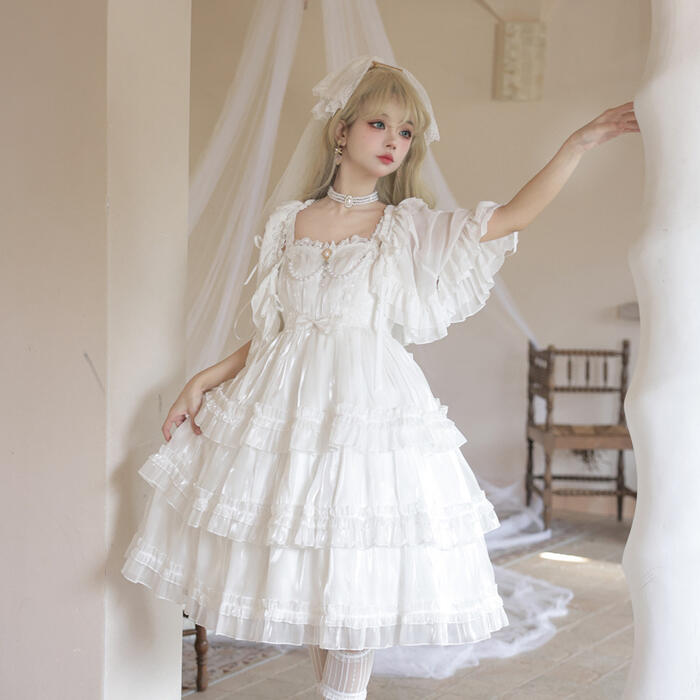 【急速出荷】ロリータ Lolita ワンピース ジャンパースカート ジャンスカ ドレス ゆめかわいい 光沢感 上品 リボン フリル ふんわり ゴスロリ 甘ロリ クラロリ 姫ロリ かわいい レース プリ