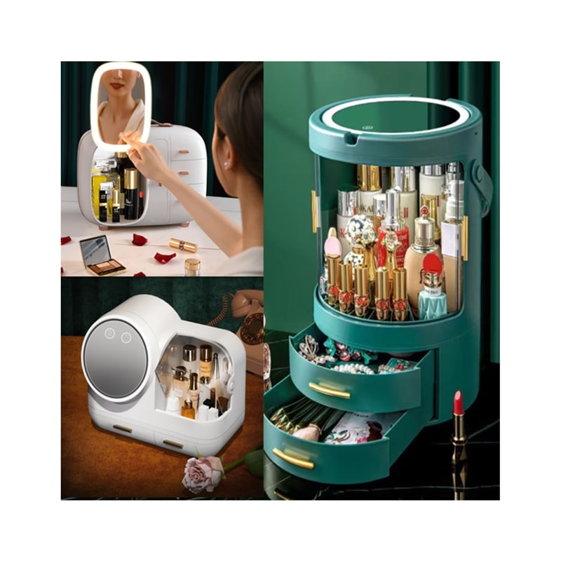【急速出荷!】LEDライト付き化粧品収納 回転鏡付 化粧品整理 クケース メイク収納 化粧品ケース メイク道具