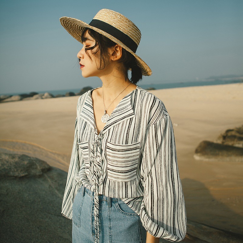 ストライプブラウス ゆるトップス カジュアル デイリーコーデ 大人 0177t