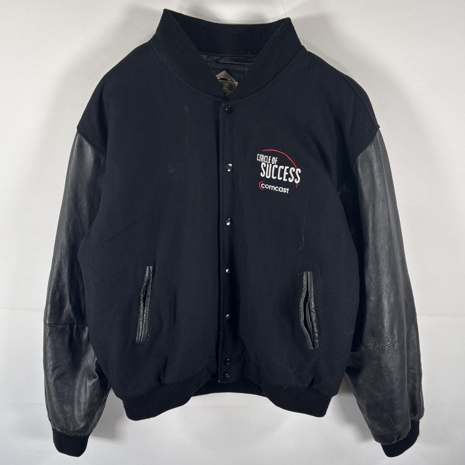 古着 enza スタジャン 本革レザーウール 企業ロゴ刺繍 バックロゴ アワードジャケット XXL ブラック メンズ