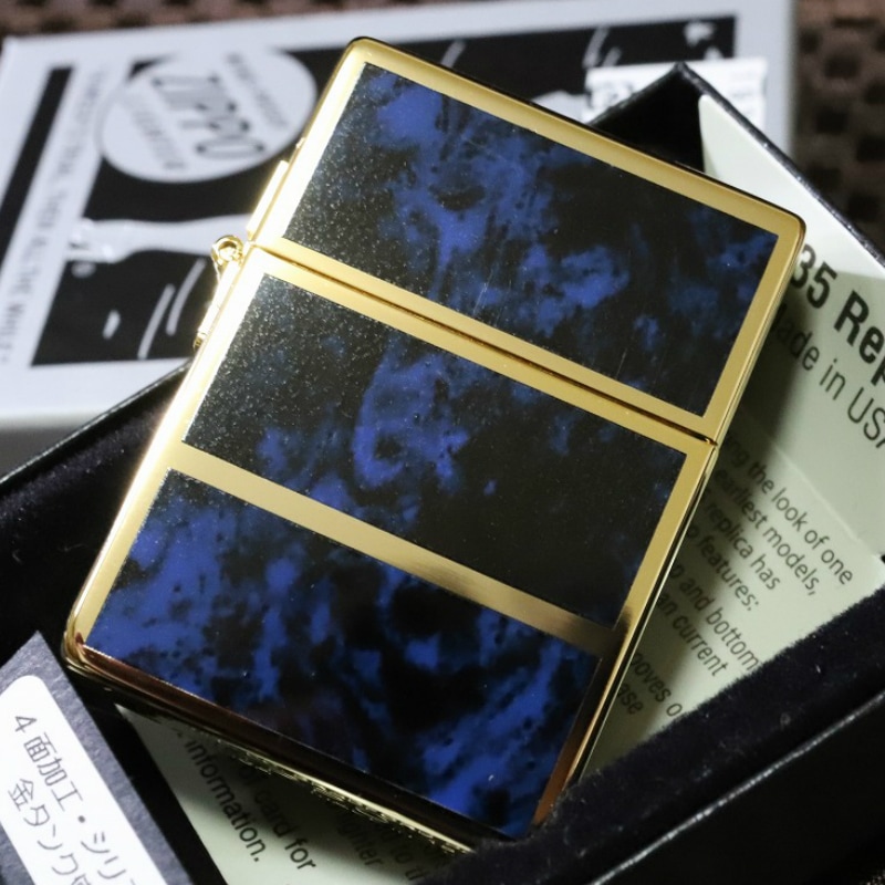 【ZIPPO】1935 復刻レプリカ 4面マーブルライン 青金 ゴールド＆ブルー 人気ジッポ ゴールドタンク シンプル アンティーク プレゼント 金タンク かっこいい