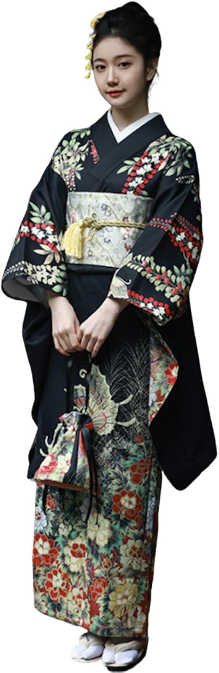 レディレイジー 昭和レトロ 着物 和服 花 蝶 和装 コスプレ ロング 黒 ブラック 帯 扇子 4点セット( ブラック, Free Size)