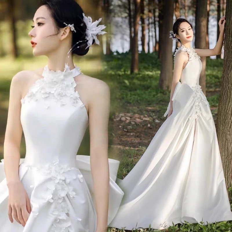 ウェディングドレス 白 二次会 花嫁 海外挙式 お呼ばれドレス フォト 披露宴 露背トレーンライン ウェディングドレス