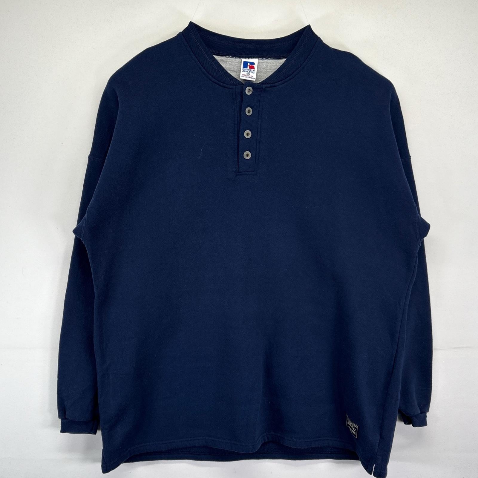 古着 90s/90年代 USA製 スウェット 大きいサイズ ハーフボタン プルオーバー 無地 トレーナー 2XL ネイビー メンズ