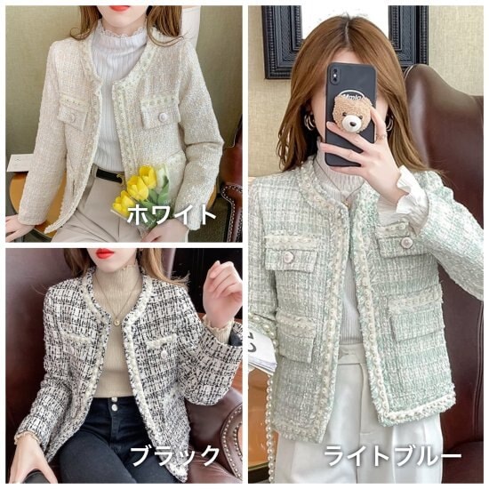 【取寄：納期2週間】ジャケット ツイードジャケット ゴージャス ノーカラー アウター 羽織り レディース 無地