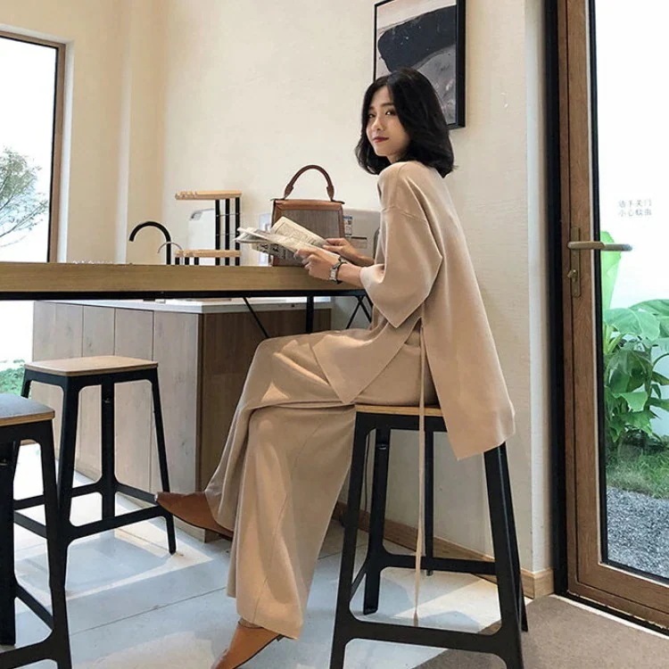 韓国ファッション大きいサイズレディースニット二点セットアップ上下ワイドパンツロング長袖トップス服