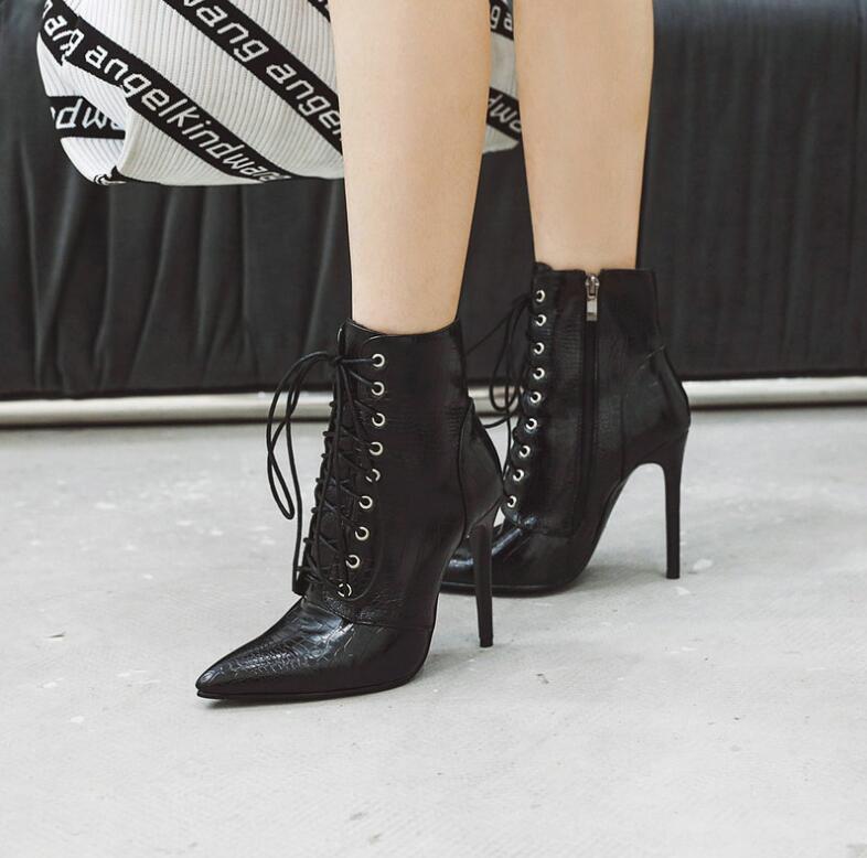 ブーツ ショートブーツ ピンヒール 編み上げレースアップ レディース 美脚 ミドル丈 ポインテッドトゥ ハイヒール 秋冬 レデ シューズ
