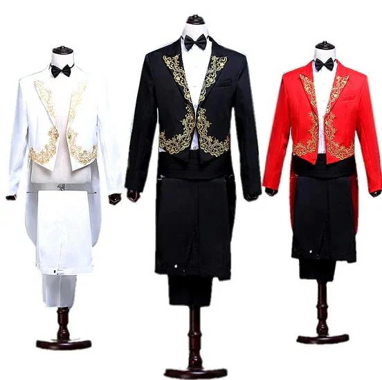 舞台ステージ衣装　スーツ2点セット　タキシード刺繍男性用ジャケット＋パンツ上下二点セット歌手演出服ダンスウェアホスト結婚式花婿ステージ衣装上着公演服団体服発表会演奏会燕尾服3色