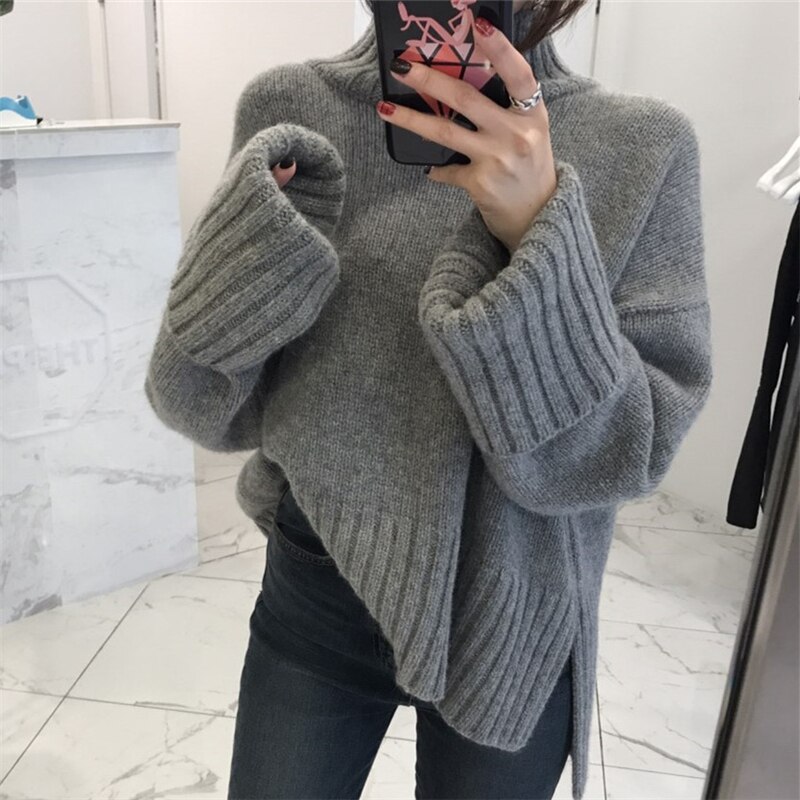 高見え トップス ニット セーター レディース 秋冬 きれいめ ゆったり 厚手 長袖 ミディアム丈 ボリューム袖 ハイネック タートルネック ワイド スマート 伸縮性 グレー ワンサイズ かわいい 大