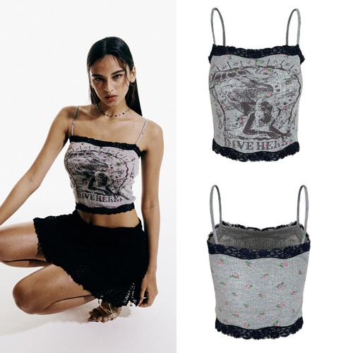 [女の子たちをミヨン着用] [韓国人気女性アイドル着用 ] Kai Lace Top MELANGE GREY いるい 大学生ファッション 韓国ストリートファッション