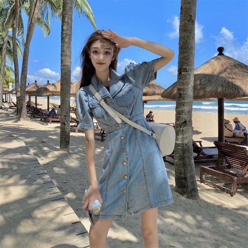 保留ワンピース レディース デニムワンピース ショート ショート丈 袖あり 半袖 Uネック