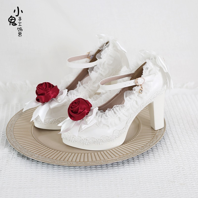 新芽ローズレース太いヒールオリジナル多用途ロリータポインテッドトゥ甘いハイヒール結婚式の靴シングルシューズ