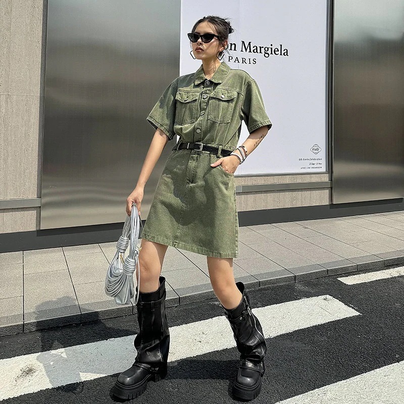 新作 シンプル 開き襟 シャツワンピース 気質 高級感 ハイウエスト ワンピース 着痩せ デニムワンピース リゾート ワンピース