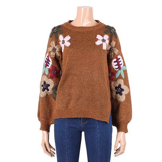 パシペ花柄ニットティーF74MSW724 ロングニット/ルーズフィット/セーター/韓国ファッション パシペ花柄ニットティーF74MSW724 ロングニット/ルーズフィット/セーター/韓国ファッション