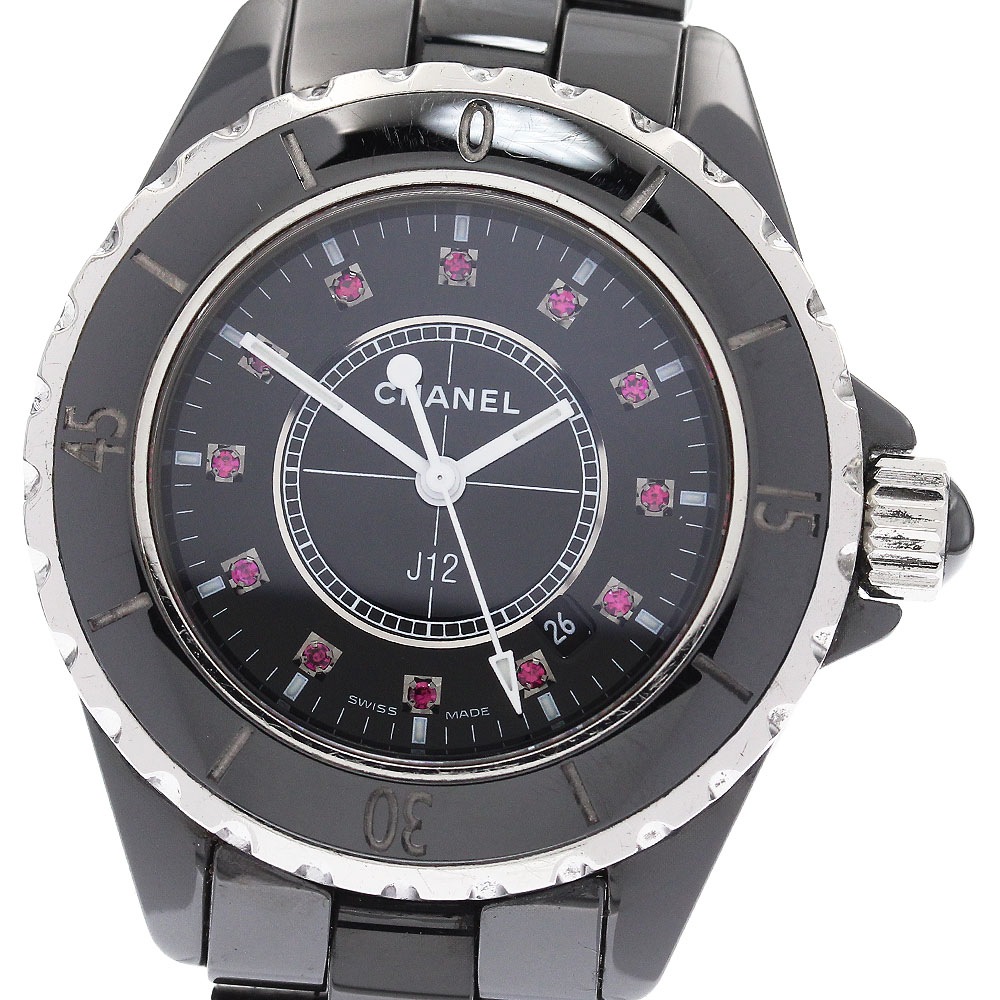 シャネル CHANEL H1634 J12 ブラックセラミック 12Pルビー クォーツ レディース _941925【中古】