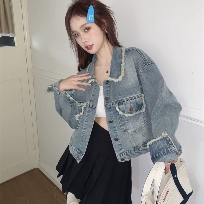 コーデに役立つ！デニムジャケット2024春デニムジャケット女性ファッショナブルな緩い薄い小さな人ショートジャケットトップス